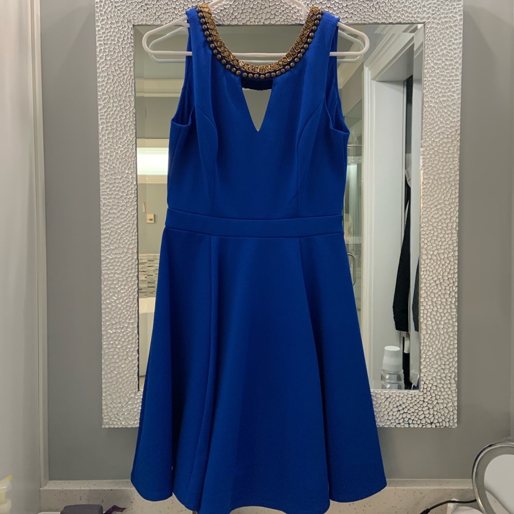 Blue and gold short skater dress